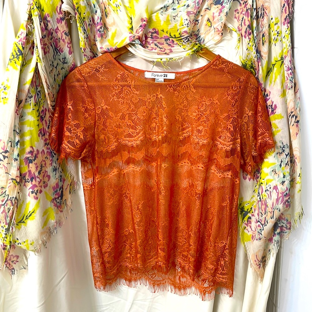 Burnt orange sheer lace fringe top
